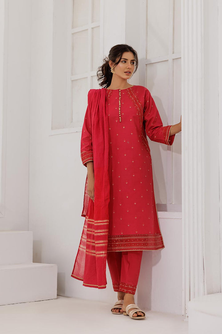 Senorita Women RTW Women Solids Maroon and Gold Casual Plus 3 Piece Suit Plain Cotton LBD-03088 - Summer Collection