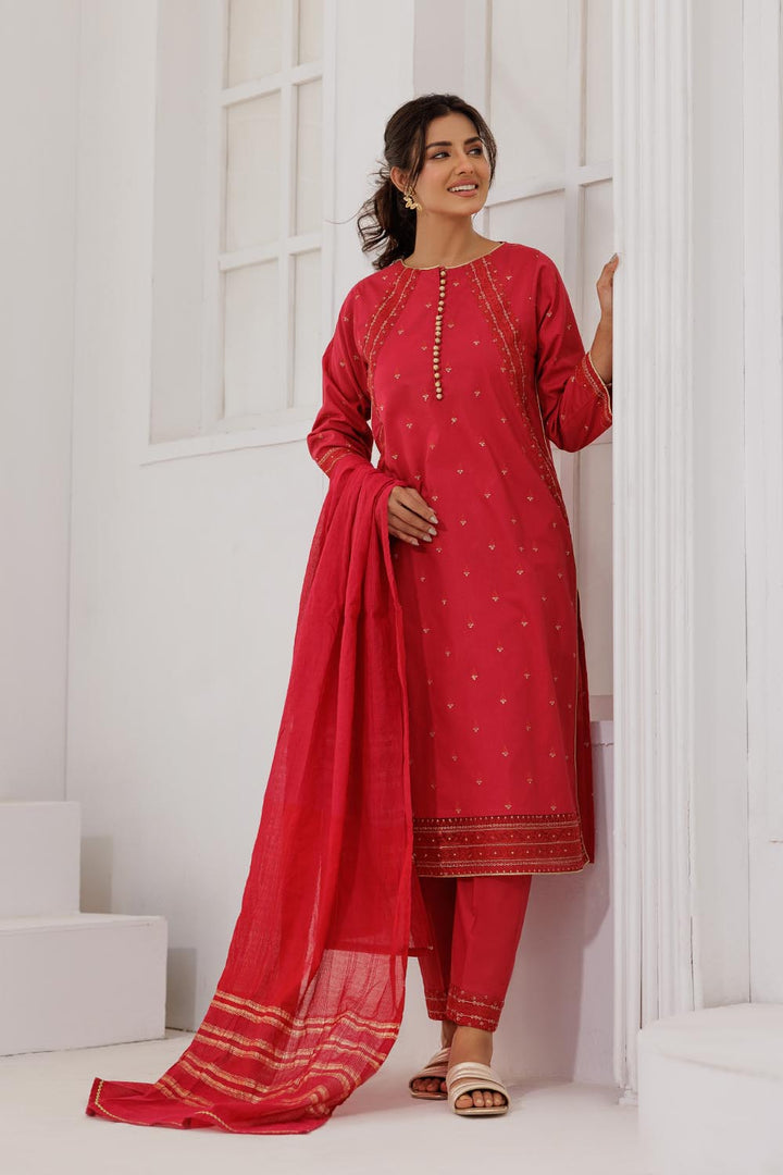 Senorita Women RTW Women Solids Maroon and Gold Casual Plus 3 Piece Suit Plain Cotton LBD-03088 - Summer Collection