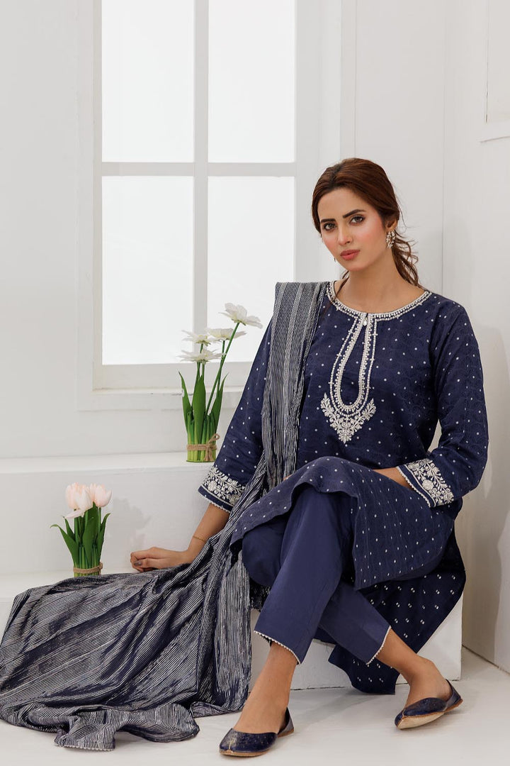 Senorita Women RTW Women Solids Blue and Silver Casual Plus 3 Piece Suit Cotton Viscose Filament Jacquard LBD-02867 - Winter Collection