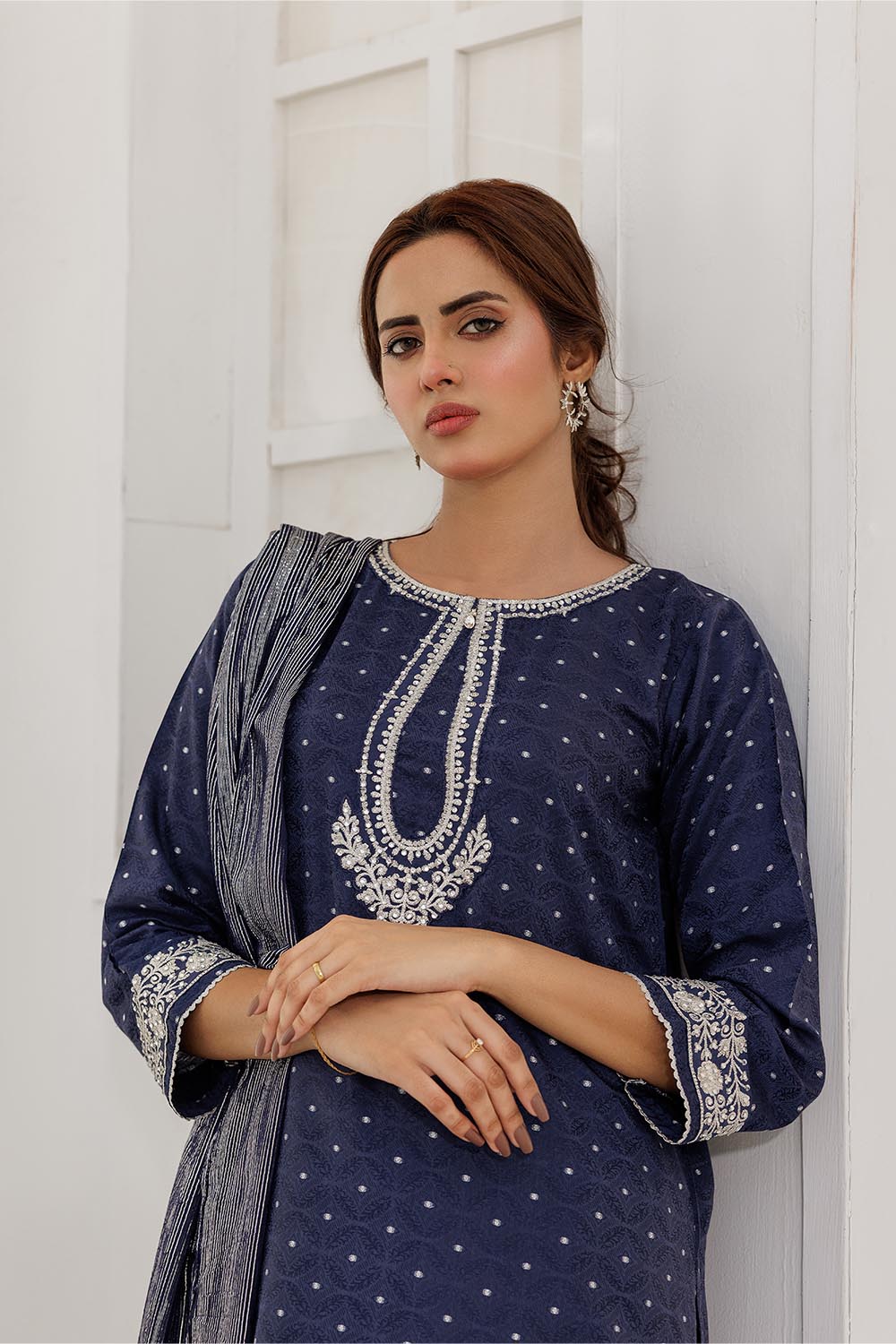 Senorita Women RTW Women Solids Blue and Silver Casual Plus 3 Piece Suit Cotton Viscose Filament Jacquard LBD-02867 - Winter Collection