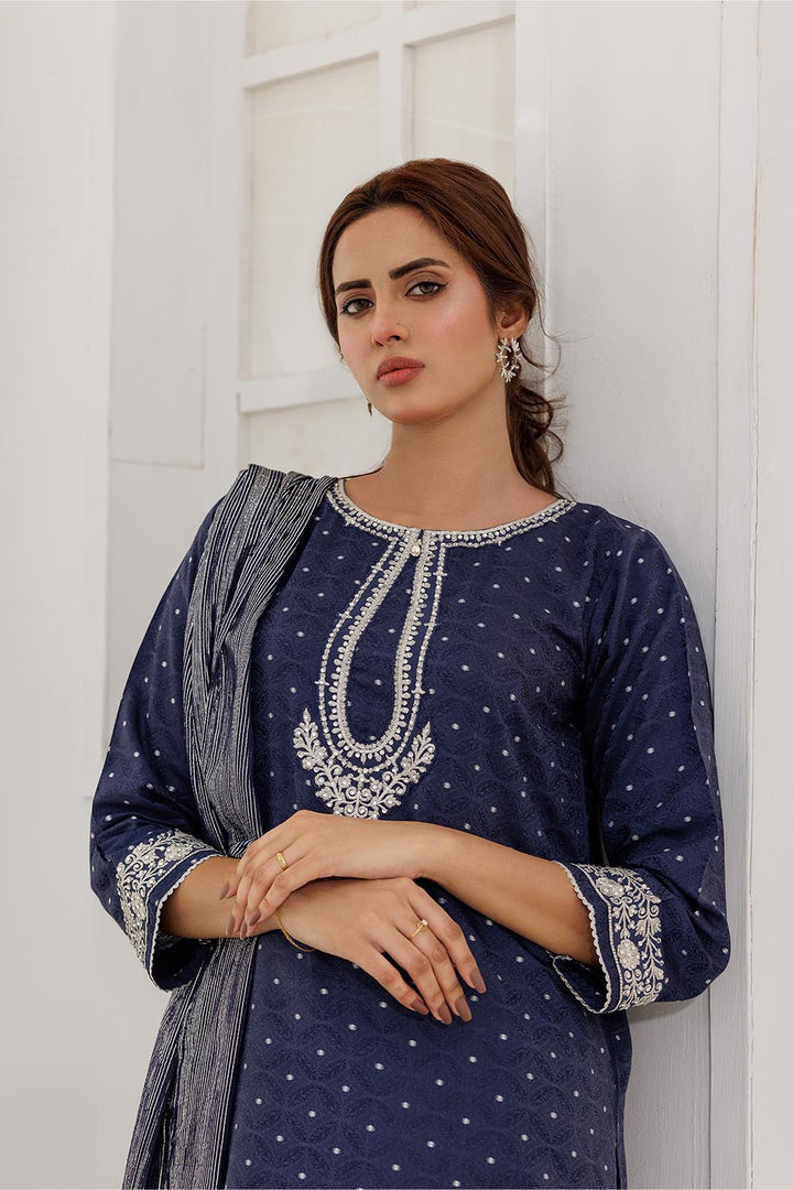 Senorita Women RTW Women Solids Blue and Silver Casual Plus 3 Piece Suit Cotton Viscose Filament Jacquard LBD-02867 - Winter Collection