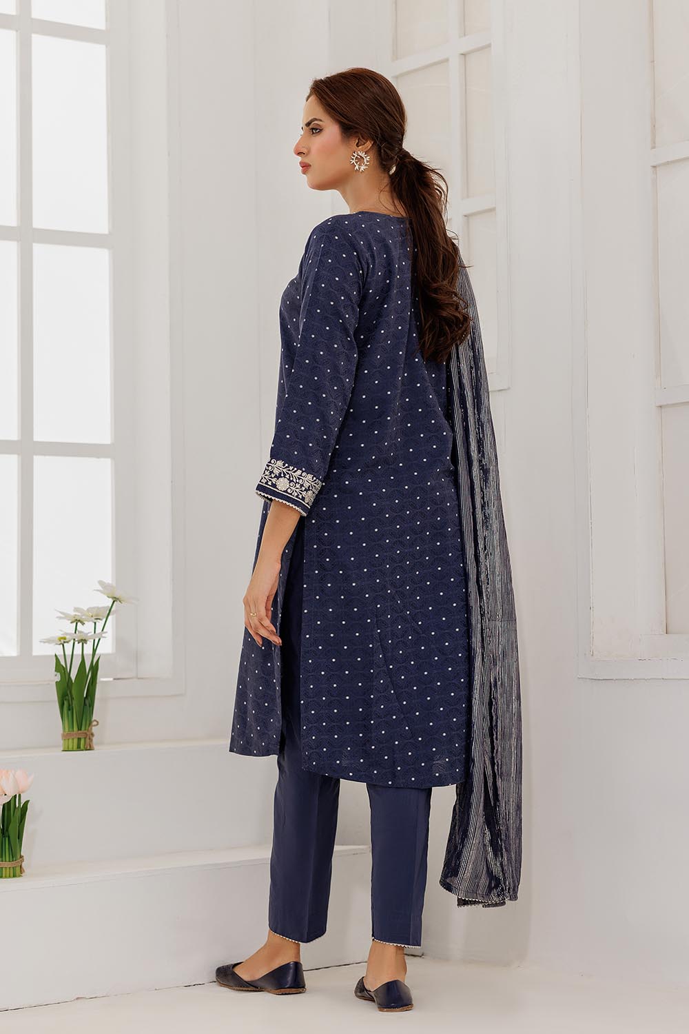 Senorita Women RTW Women Solids Blue and Silver Casual Plus 3 Piece Suit Cotton Viscose Filament Jacquard LBD-02867 - Winter Collection