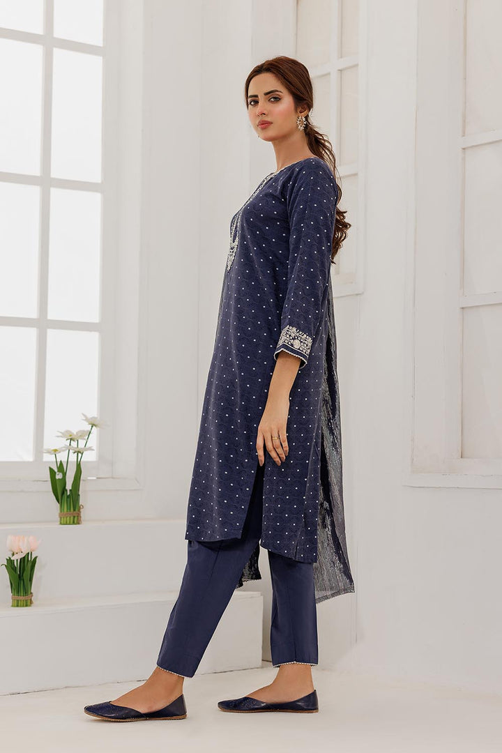 Senorita Women RTW Women Solids Blue and Silver Casual Plus 3 Piece Suit Cotton Viscose Filament Jacquard LBD-02867 - Winter Collection