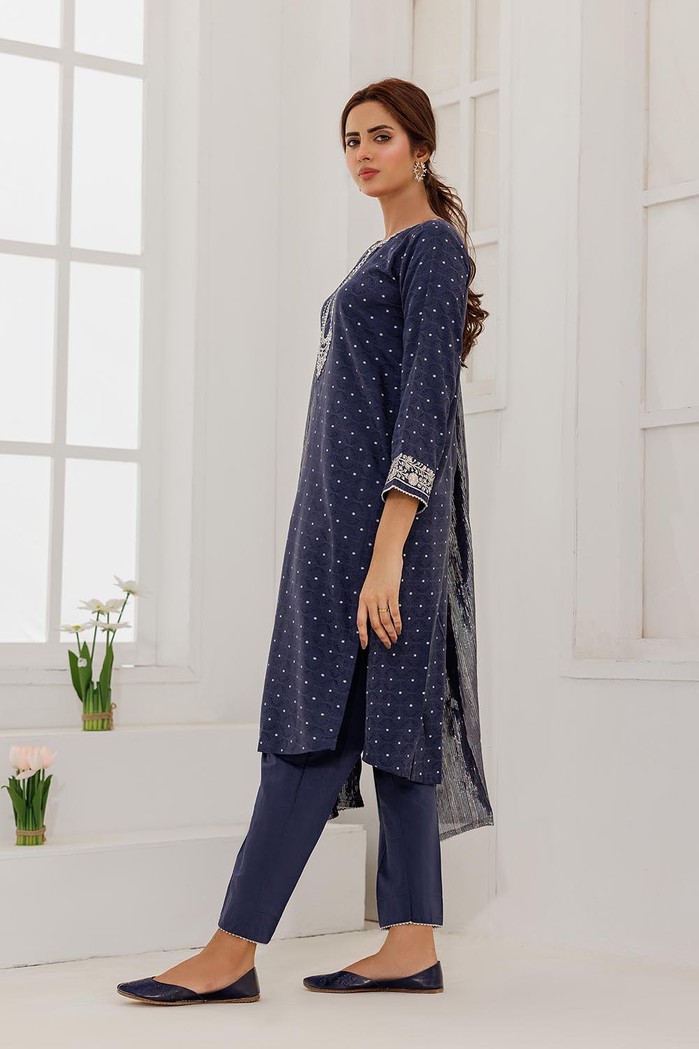 Senorita Women RTW Women Solids Blue and Silver Casual Plus 3 Piece Suit Cotton Viscose Filament Jacquard LBD-02867 - Winter Collection