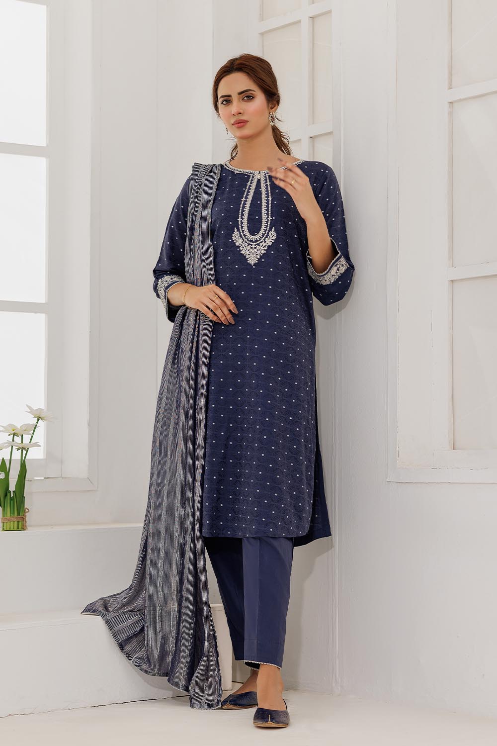 Senorita Women RTW Women Solids Blue and Silver Casual Plus 3 Piece Suit Cotton Viscose Filament Jacquard LBD-02867 - Winter Collection