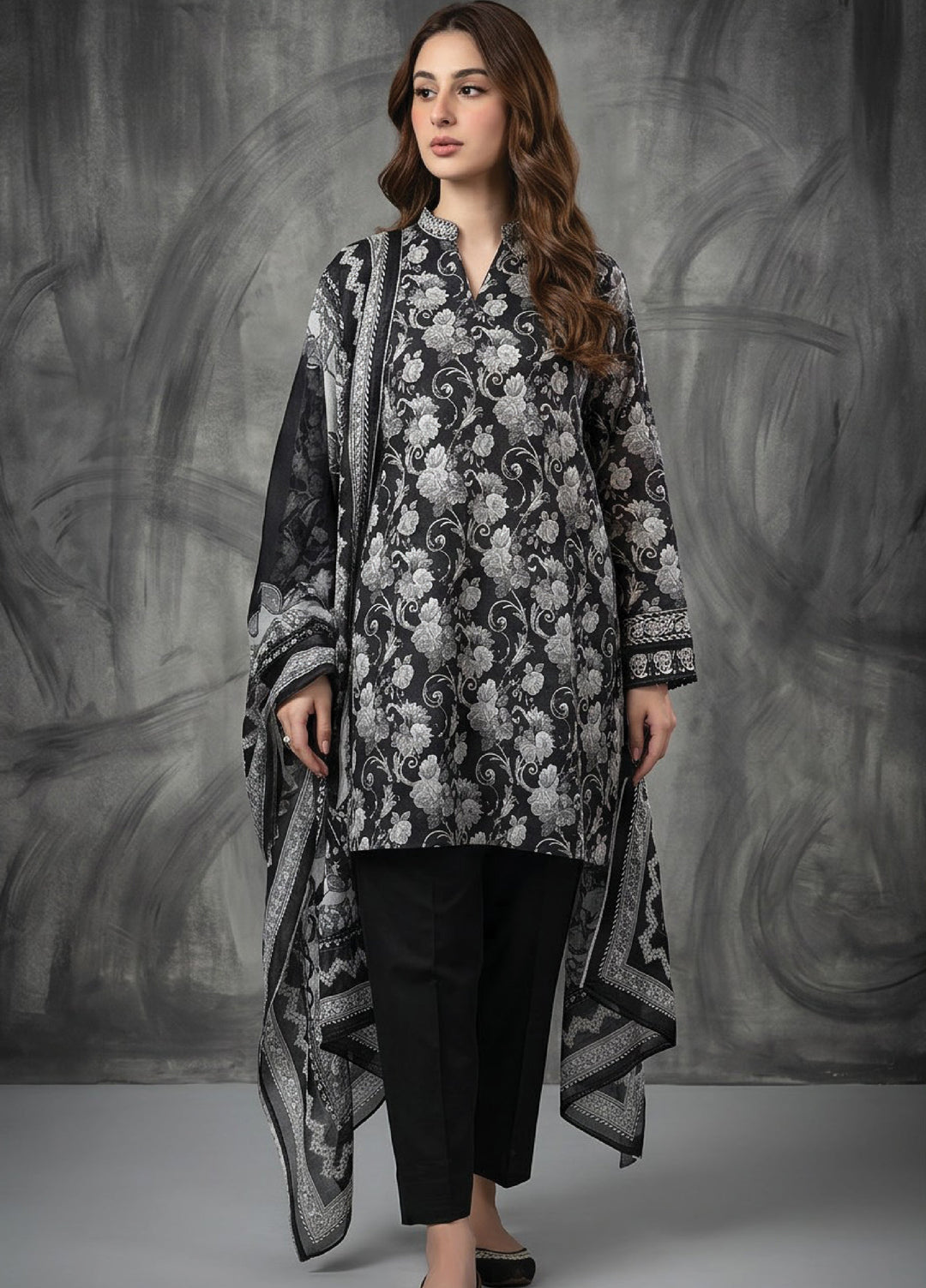 Black N White by Regalia Textiles Unstitched Printed Lawn 3 Piece Suit RG26UBNW D-07 - Casual Collection