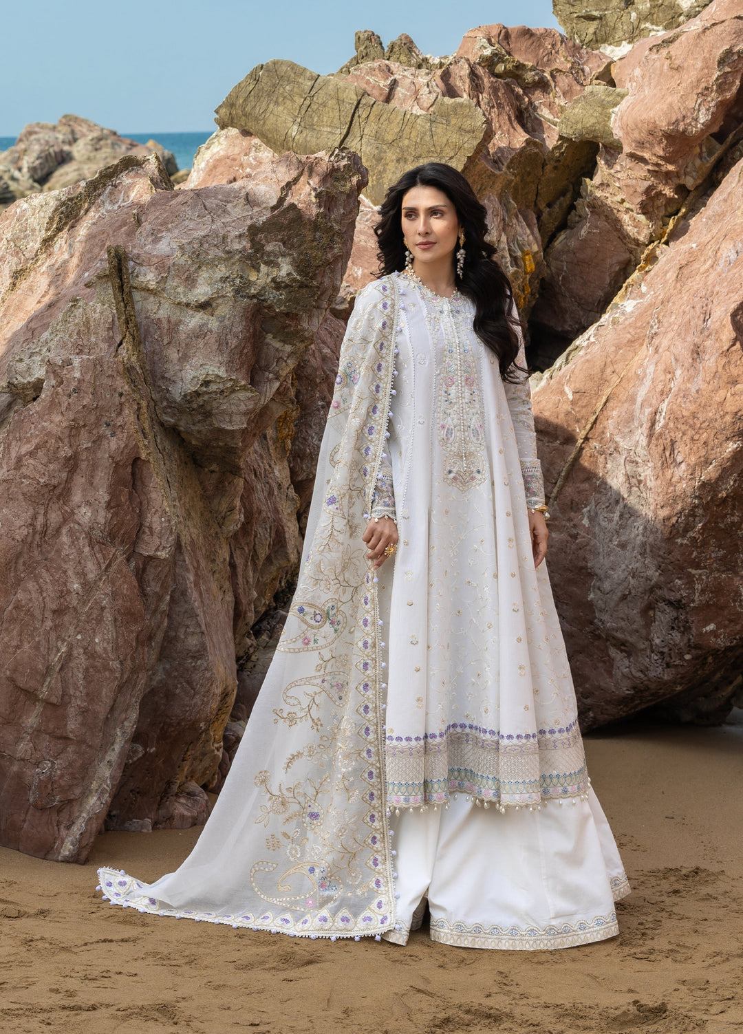 Siraa by Sadaf Fawad Khan Unstitched Embroidered Luxury Lawn 3 Piece Suit SDF26USL Noor - Festive Collection