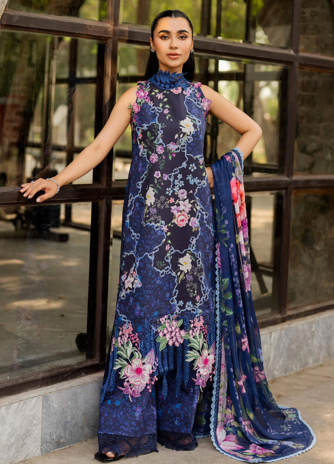 Meraki by Asifa and Nabeel Unstitched Embroidered Lawn 3 Pcs Suit AN26UM MSSL-04 Indigo Craft - Summer