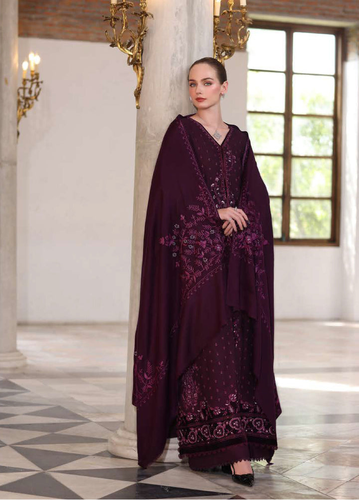 Noor by Saadia Asad Unstitched Khaddar Pashmina Shawl Embroidered Suits 3 Piece NSA25PW D9-Damson - Winter Collection