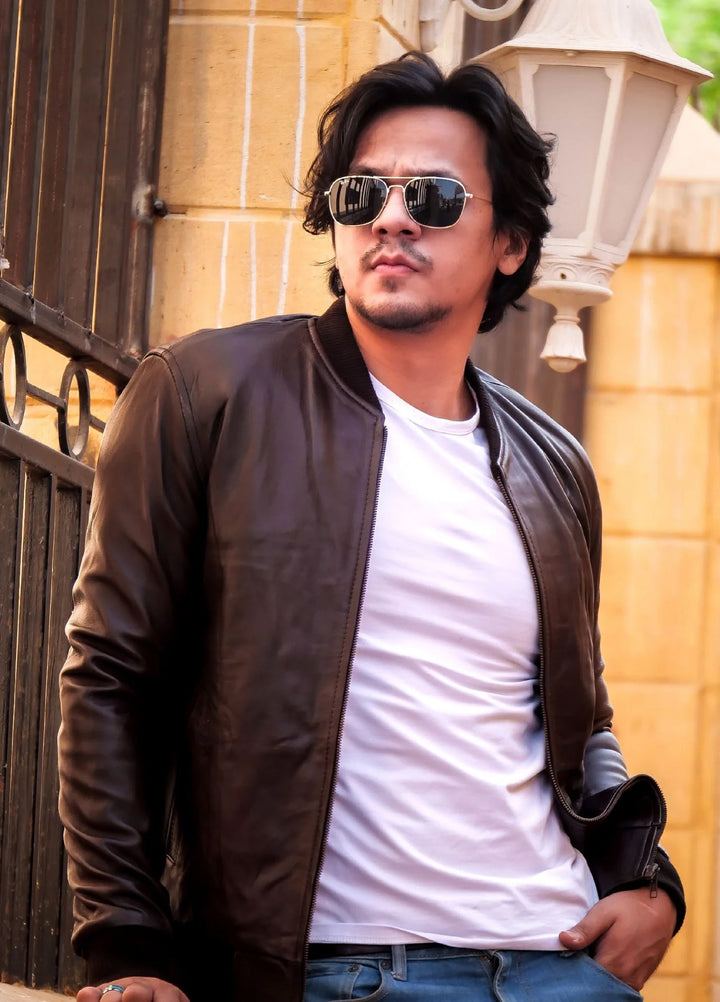 Bomber Style Mens Leather Jacket-Brown