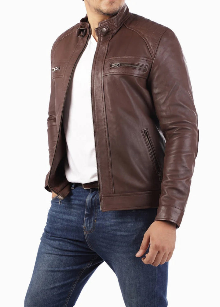Men's Casual Signature Diamond Lambskin Leather Jacket-Brown