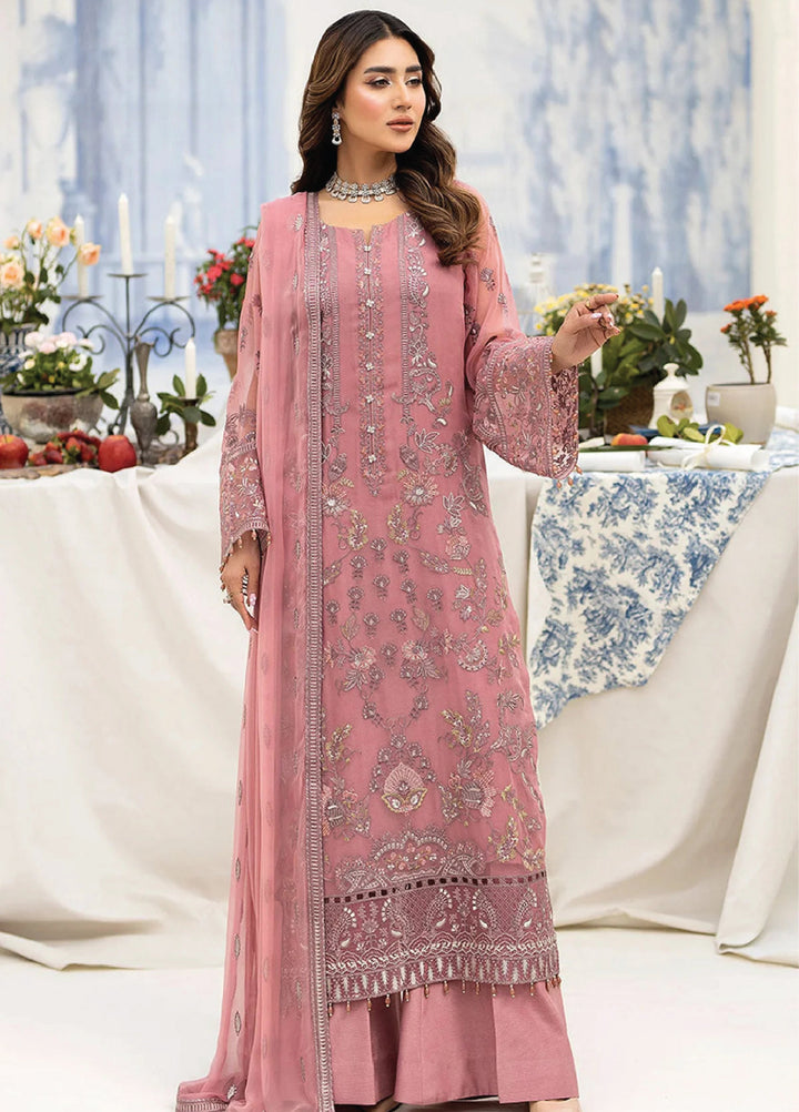Lavish Premium Unstitched Embroidered Chiffon 3 Piece Suit D-09 Tea Pink - Wedding Collection