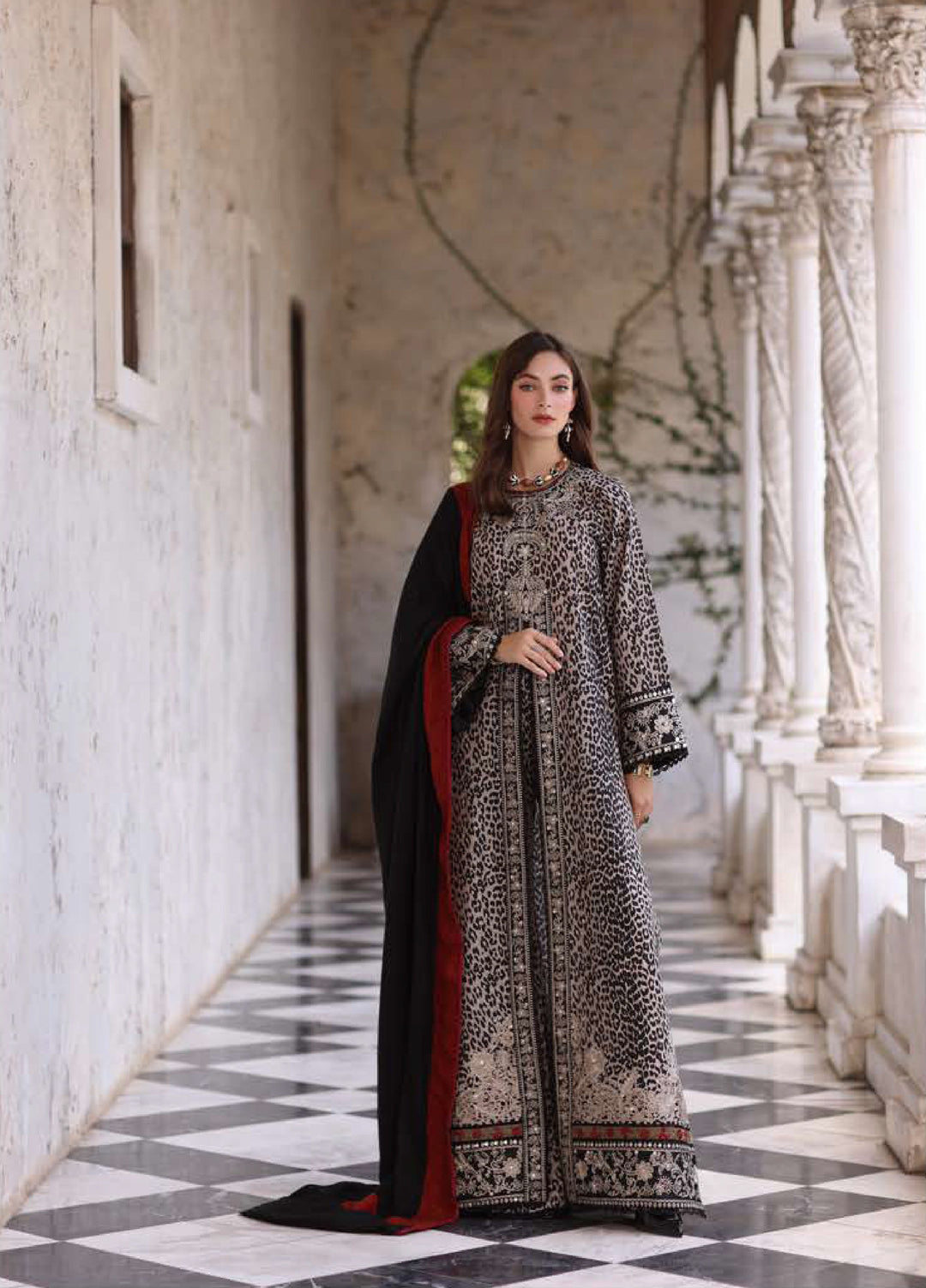 Noor by Saadia Asad Unstitched Khaddar Pashmina Shawl Embroidered Suits 3 Piece NSA25PW D1-Noir Safari - Winter Collection