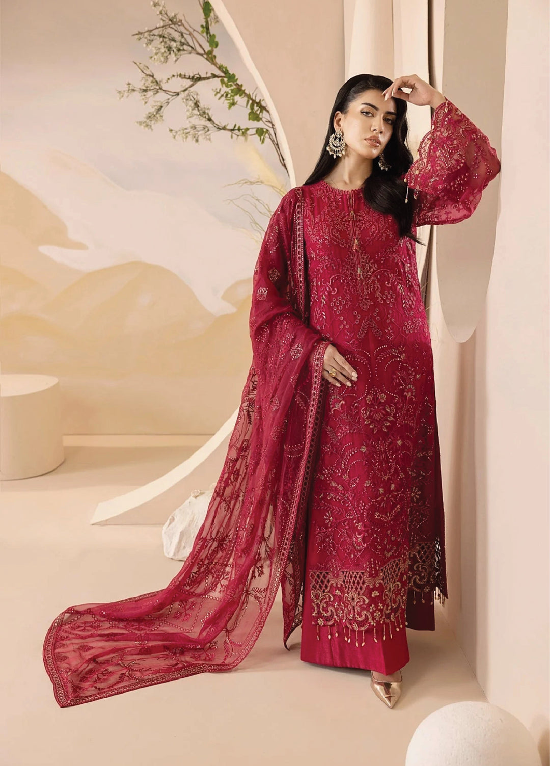 Lavish Premium Unstitched Embroidered Chiffon 3 Piece Suit Crimson - Wedding Collection