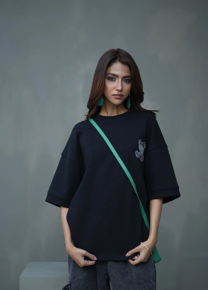 Movement Unisex Western 1 Piece Printed Cotton Tehreek Teddy Tee Black - Winter Collection