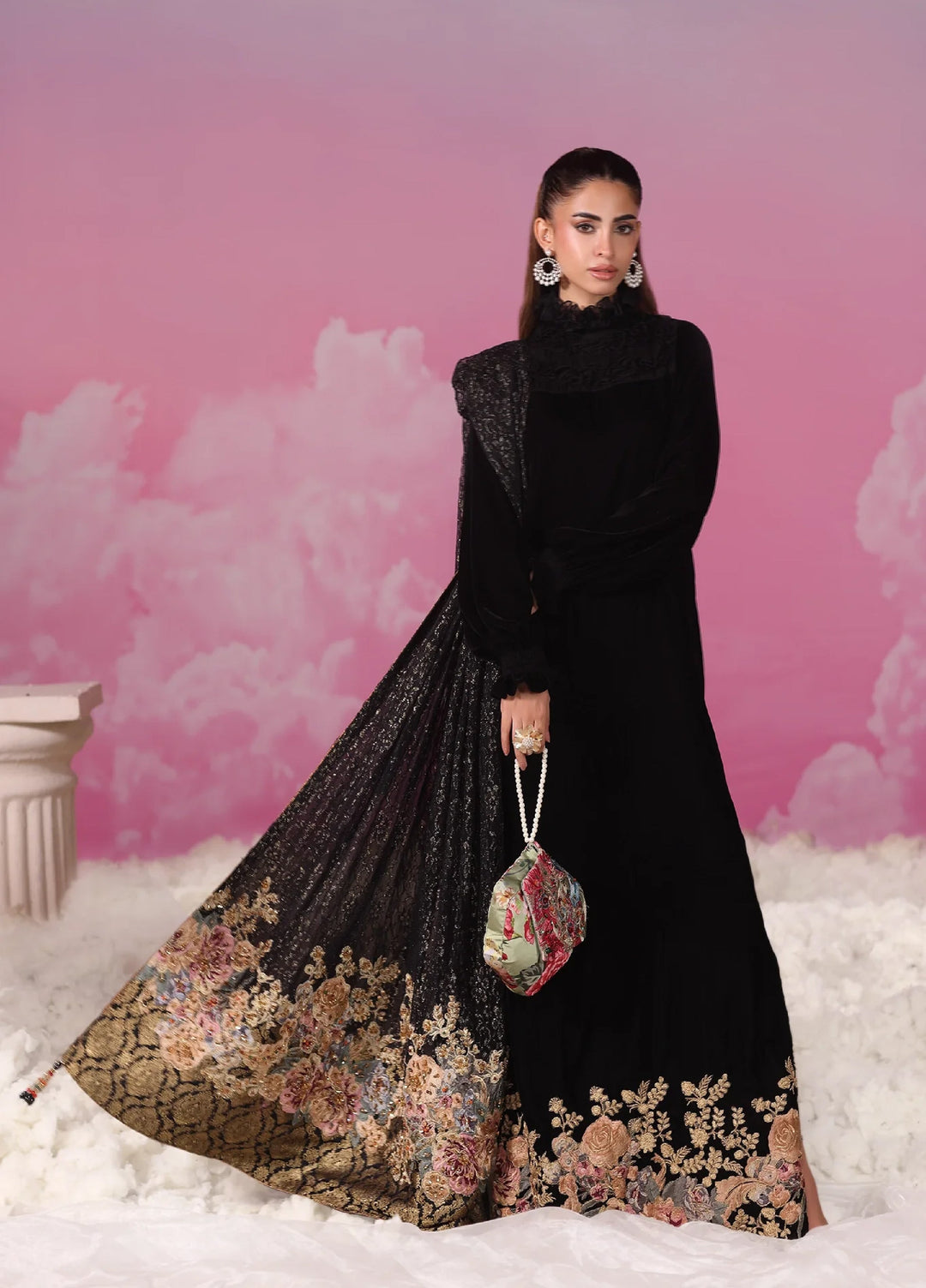 Mount Olypus by Musferah Saad Pret Embroidered Velvet Kaftan Noir Blossom - Festive Collection