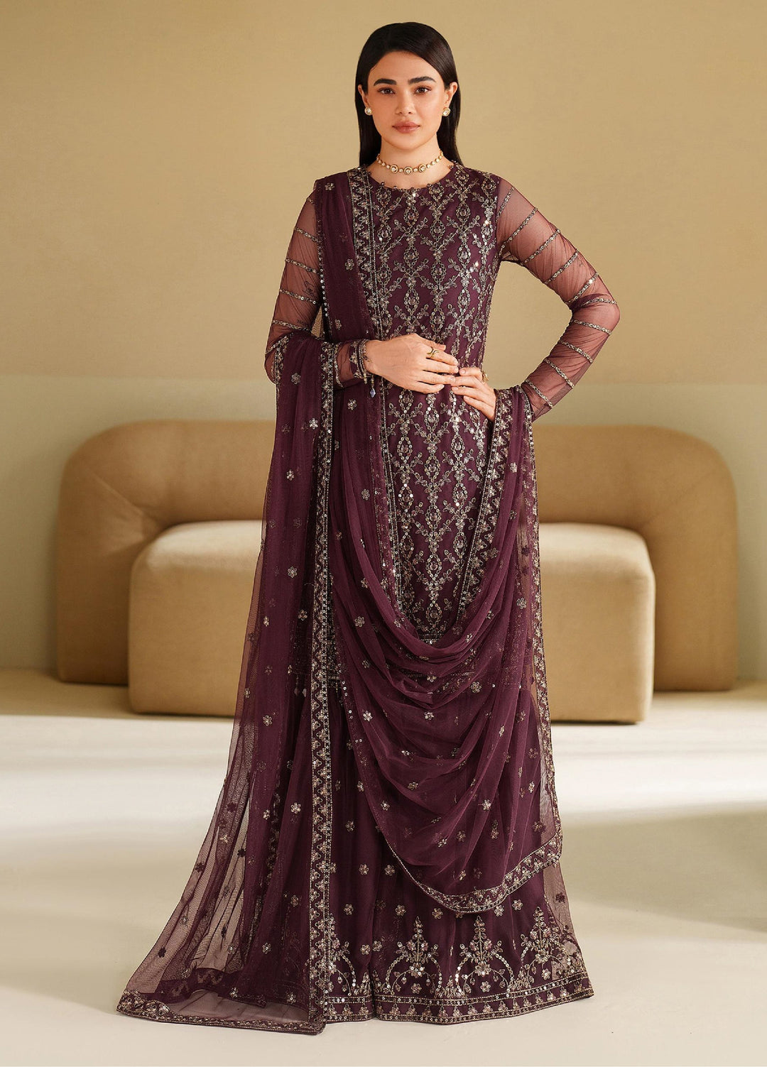 Roohi By Zarif Unstitched Formal Embroidered Net Suits 4 Piece ZR25UF RFE-01 Saneh - Formals Collection