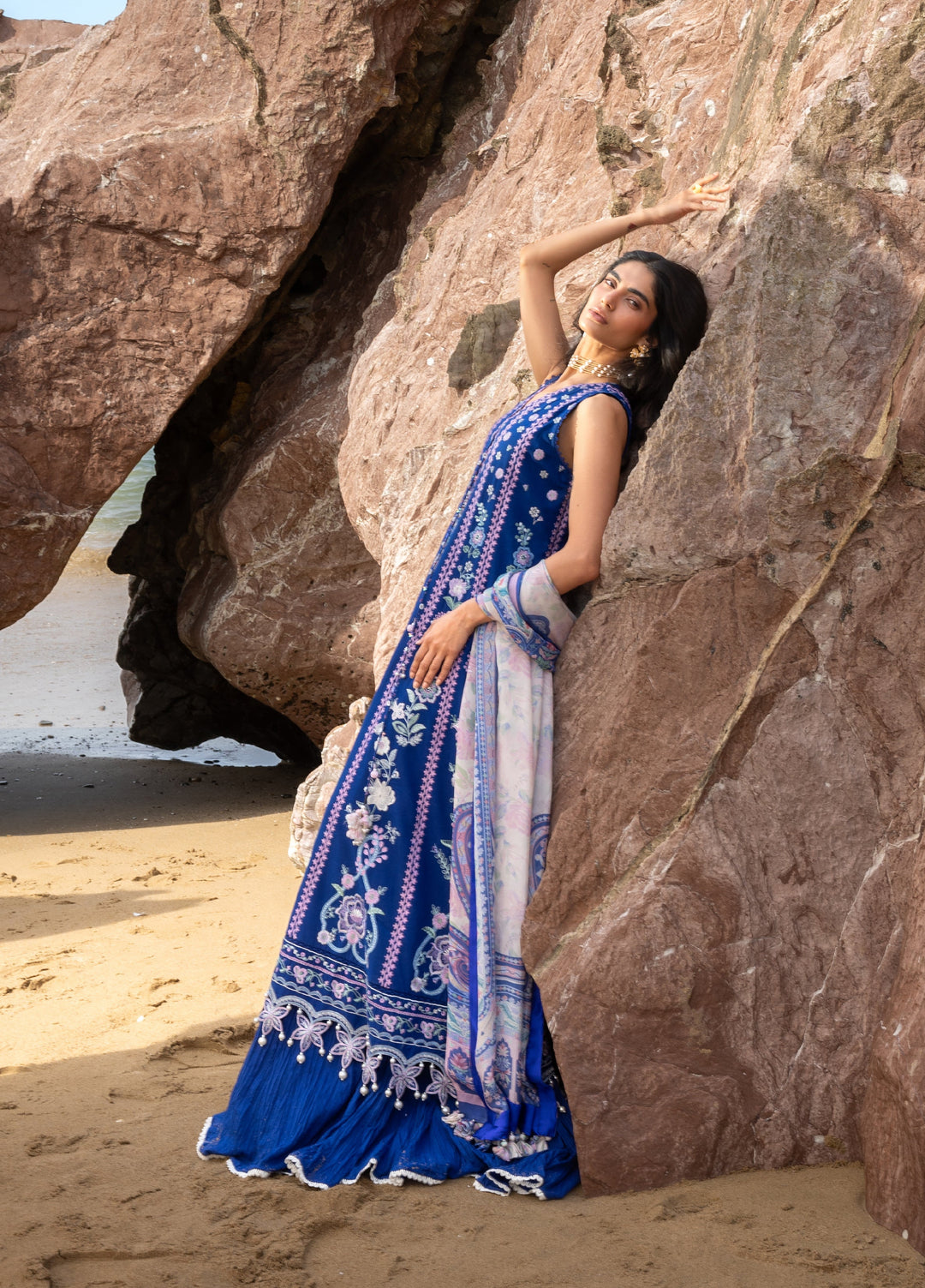 Siraa by Sadaf Fawad Khan Unstitched Embroidered Luxury Lawn 3 Piece Suit SDF26USL Neel - Festive Collection
