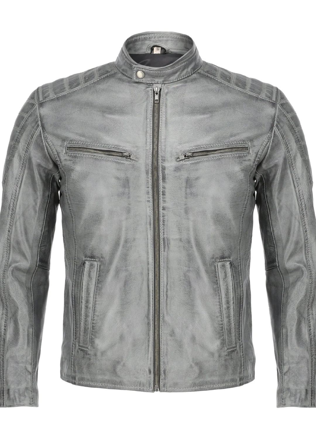 Mens Grey Wax Lambskin Biker Style Leather Jacket