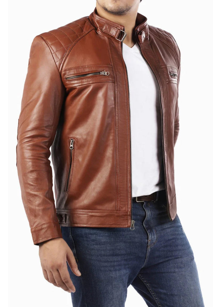 Men's Casual Signature Diamond Lambskin Leather Jacket-Tan