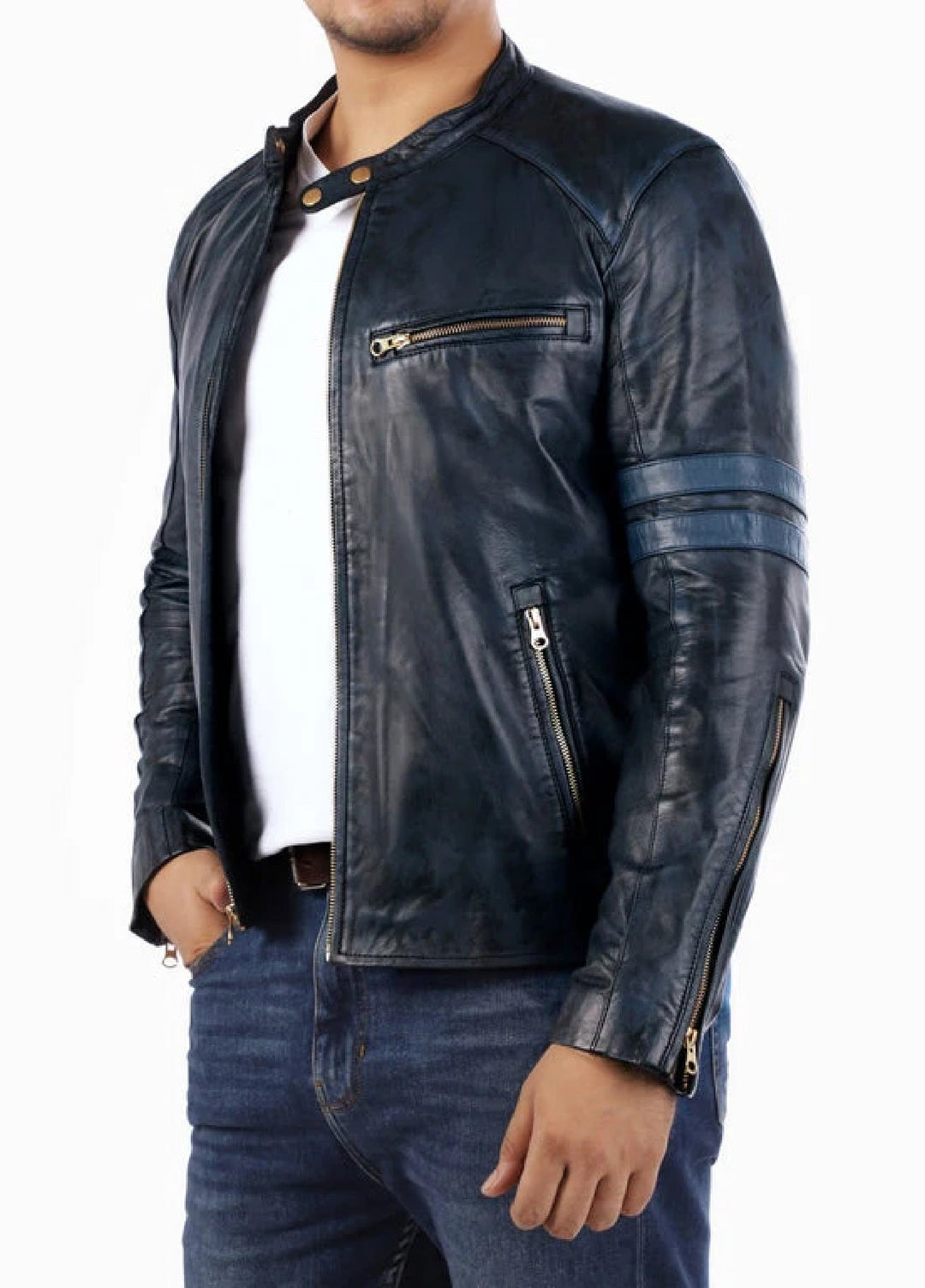 Cafe Racer Genuine Lambskin Leather Jacket-Blue