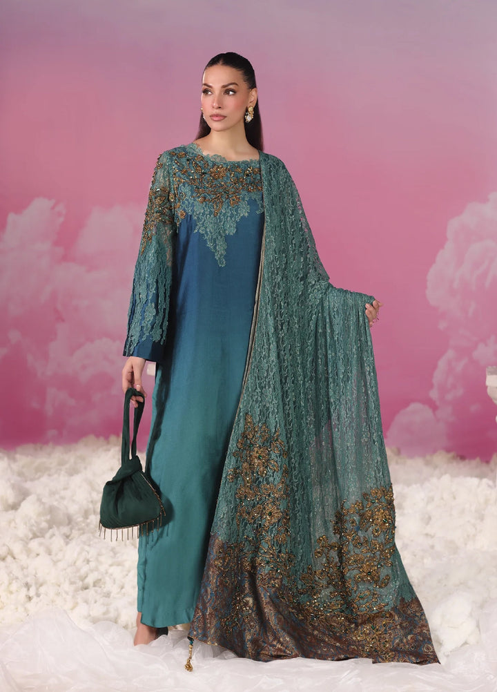 Mount Olypus by Musferah Saad Pret Embroidered Tissue Silk 2 Piece Emerald Oracle - Festive Collection
