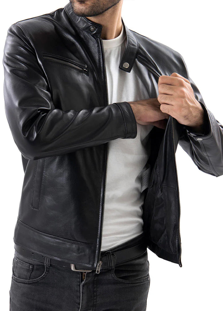 Black Mens Pure Sheep Leather Zipper Front Pockets Jacket