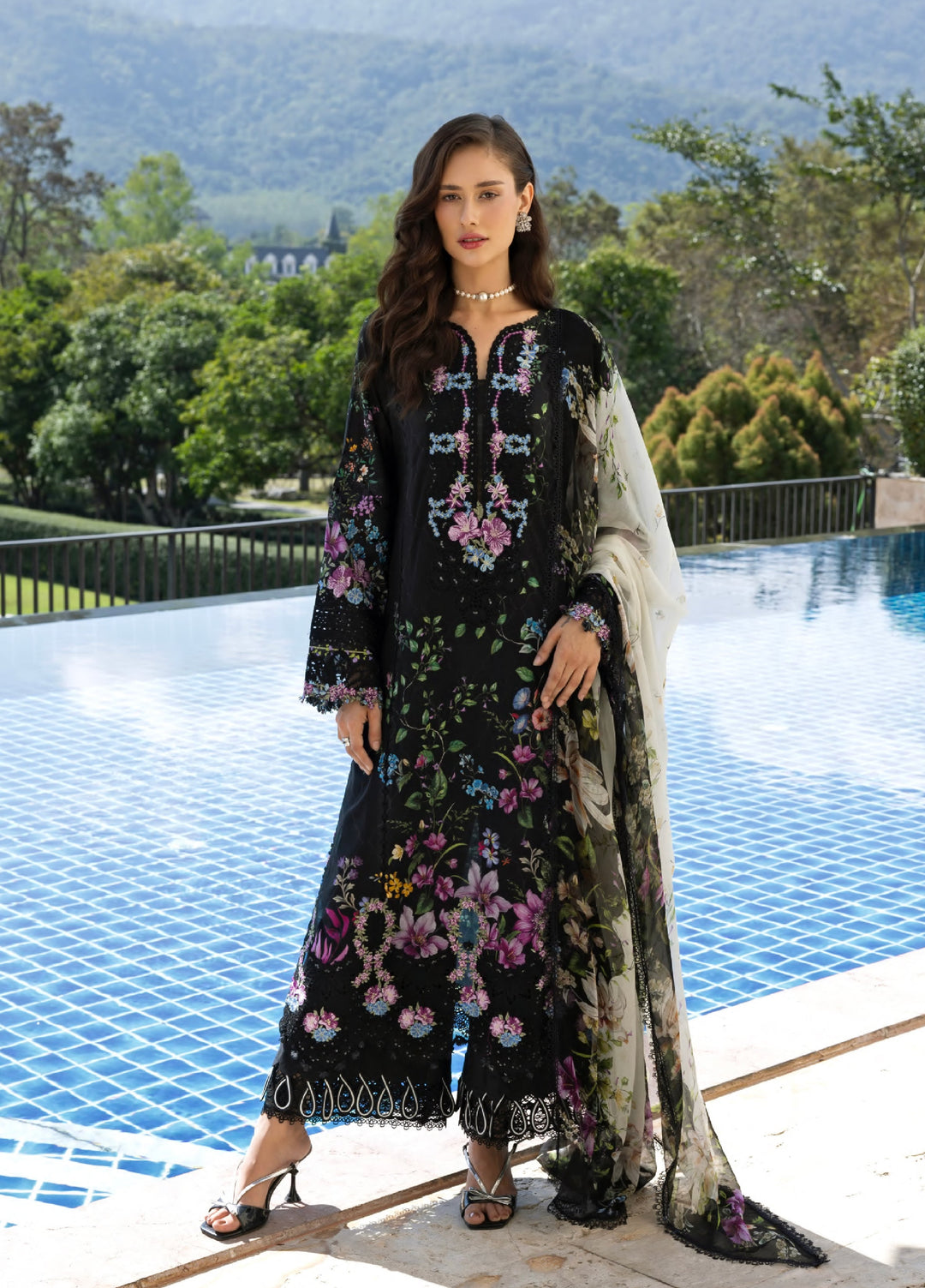 Signature by Elaf Premium Unstitched Embroidered Lawn 3 Piece Suit EL26USP ESA-1B BLACK THRONE - Summer Collection