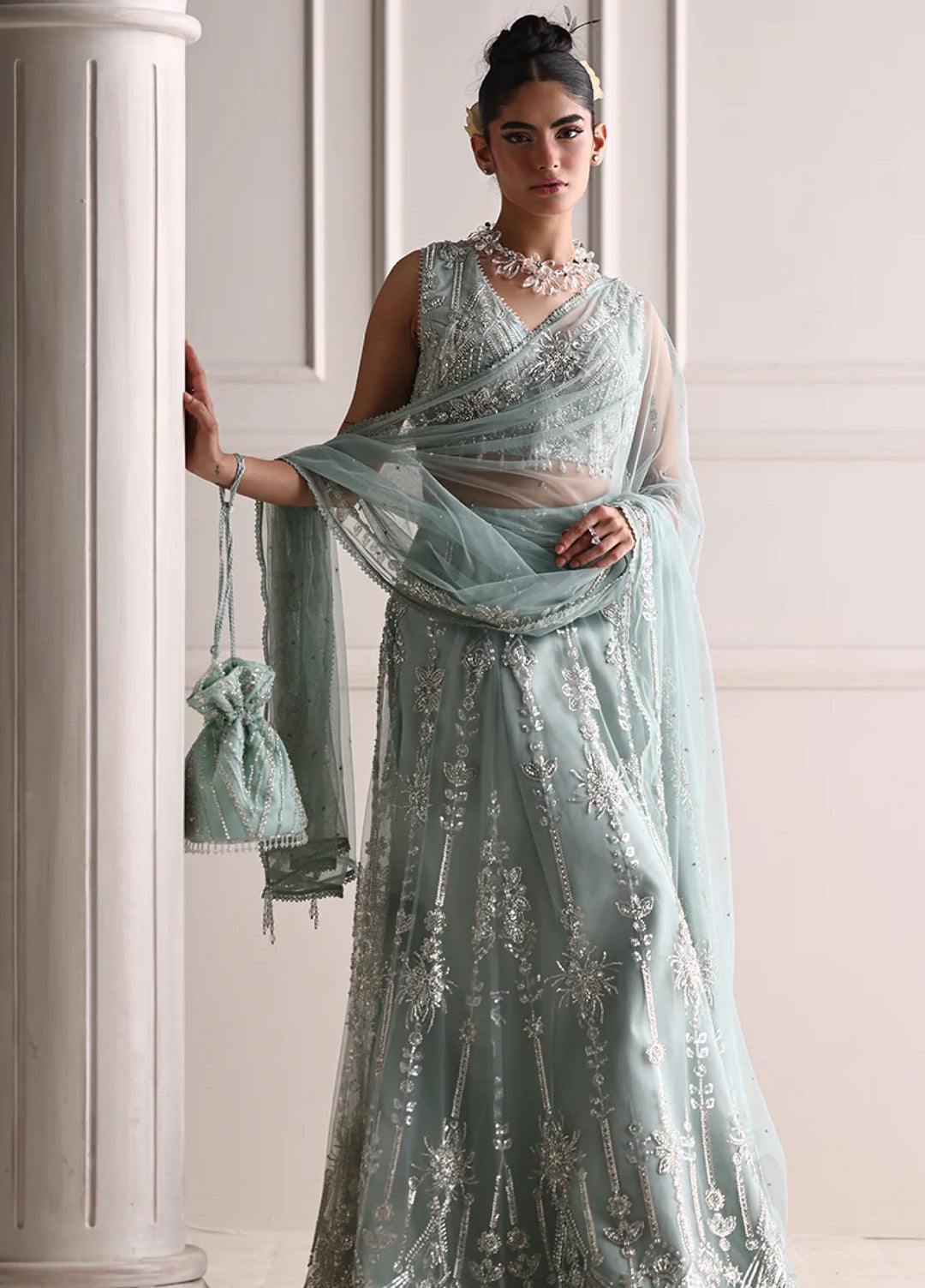 Threads And Motifs Women Pret Net Embroidered Blouse And Lehenga With Dup 3 Piece 9941 - Formals Collection