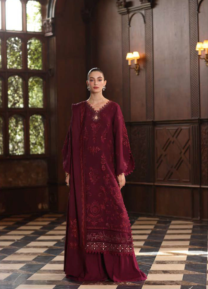 Noor by Saadia Asad Unstitched Linen Pashmina Shawl Embroidered Suits 3 Piece NSA25PW D13-Royal Claret - Winter Collection