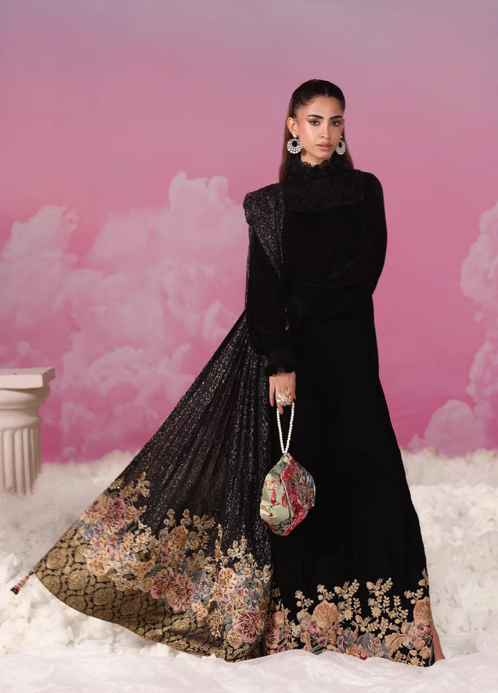 Mount Olypus by Musferah Saad Pret Embroidered Velvet Kaftaan Noir Blossom - Festive Collection