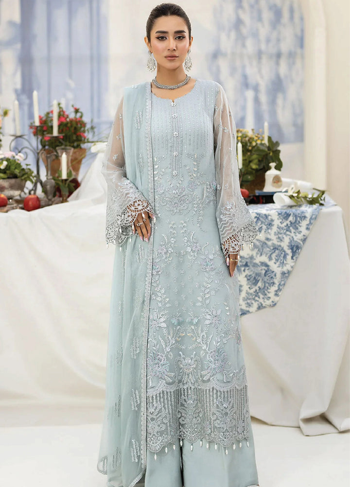 Lavish Premium Unstitched Embroidered Chiffon 3 Piece Suit D-05 Ice Blue - Wedding Collection