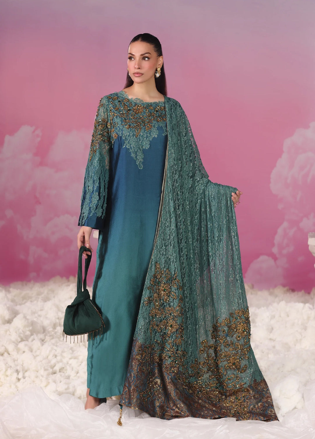 Mount Olypus by Musferah Saad Pret Embroidered Tissue Silk 2 Piece Emerald Oracle - Festive Collection