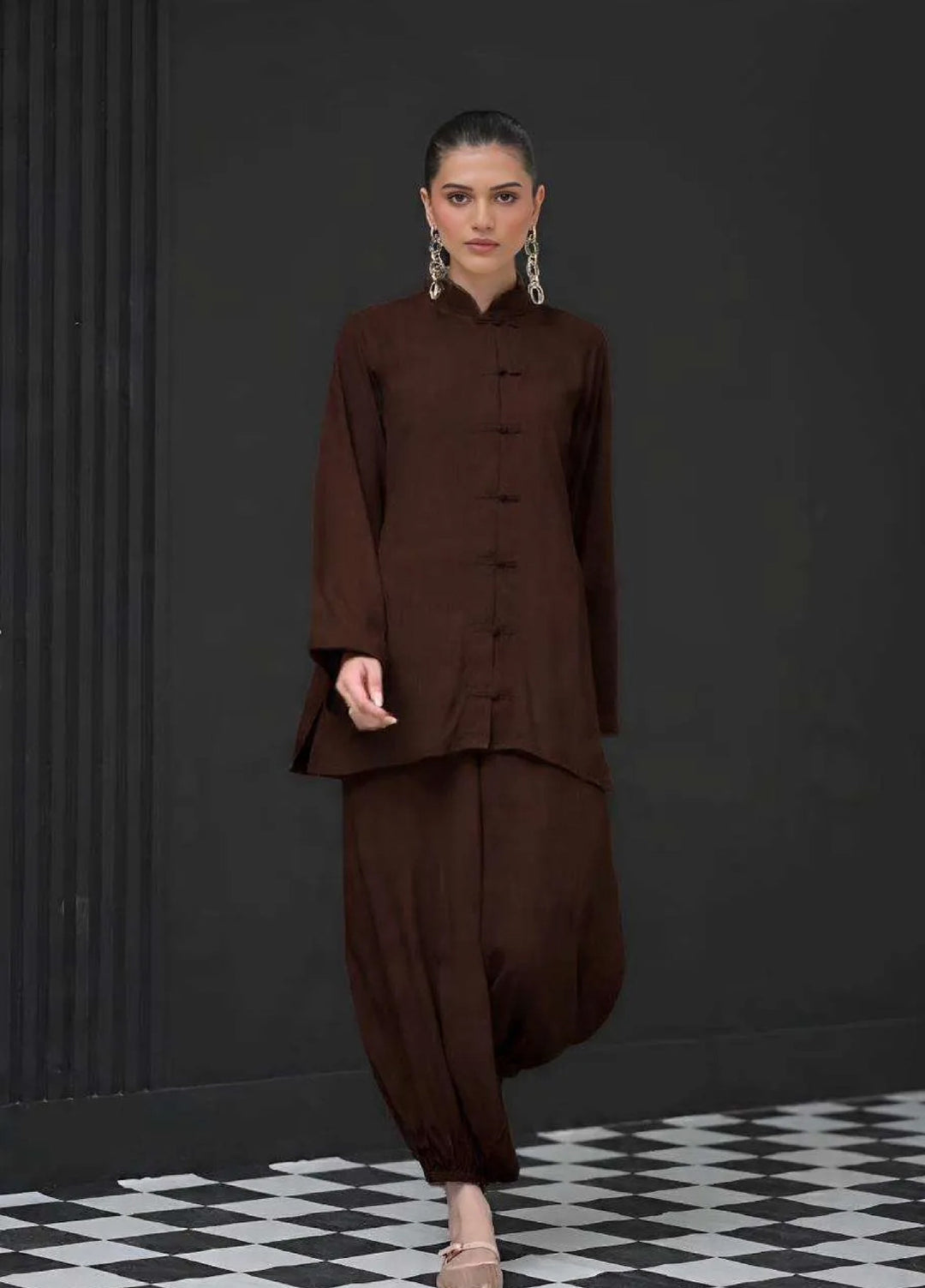 Minor Defect by Ayesha Somaya RTW Solids Irish Linen 2 Piece Suit Brown Mandarin Casual Collection