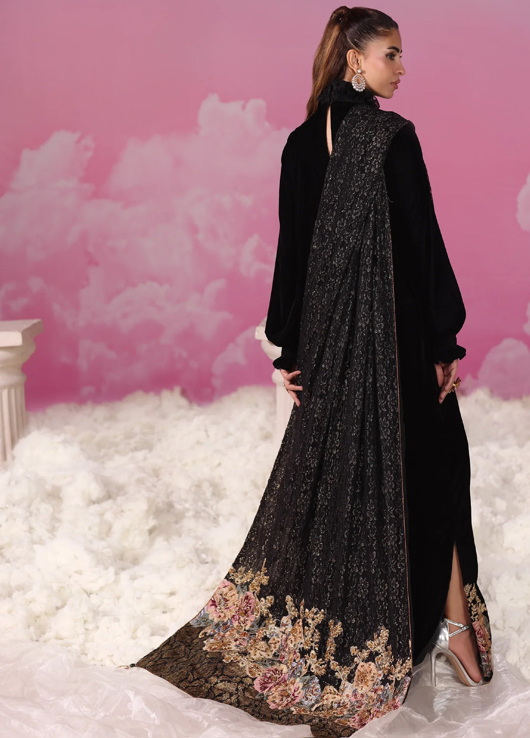 Mount Olypus by Musferah Saad Pret Embroidered Velvet Kaftaan Noir Blossom - Festive Collection