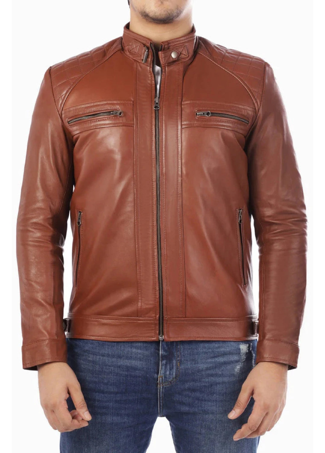 Men's Casual Signature Diamond Lambskin Leather Jacket-Tan