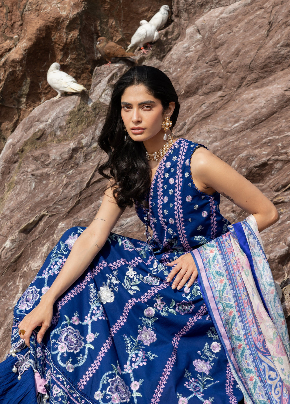 Siraa by Sadaf Fawad Khan Unstitched Embroidered Luxury Lawn 3 Piece Suit SDF26USL Neel - Festive Collection