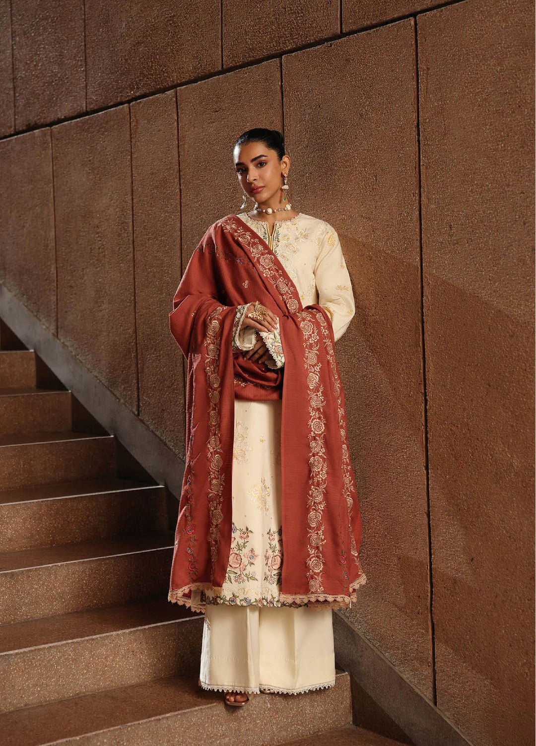 Rajbari Premium Unstitched Peach Winter Shawl Exclusive Embroidered Suits 3 Piece RB25PW D-11 - Winter Collection