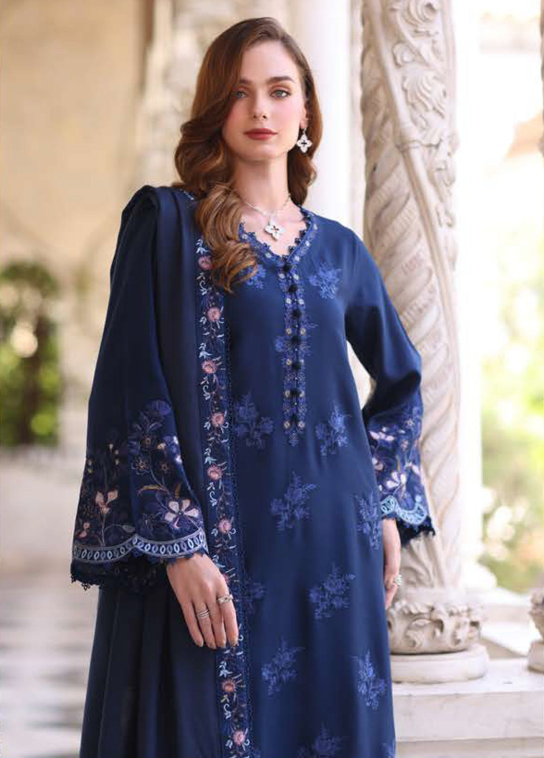 Noor by Saadia Asad Unstitched Linen Pashmina Shawl Embroidered Suits 3 Piece NSA25PW D4-Sapphire - Winter Collection