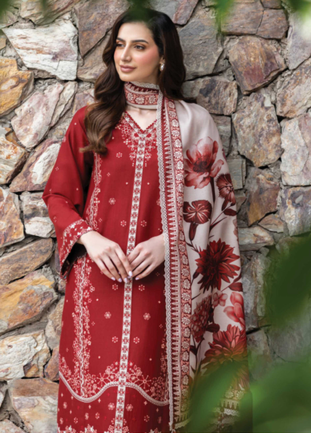 Eminence by Farasha Embroidered Khaddar Suits Unstitched 3 Piece FSH25FW D-04 Claret - Winter Collection