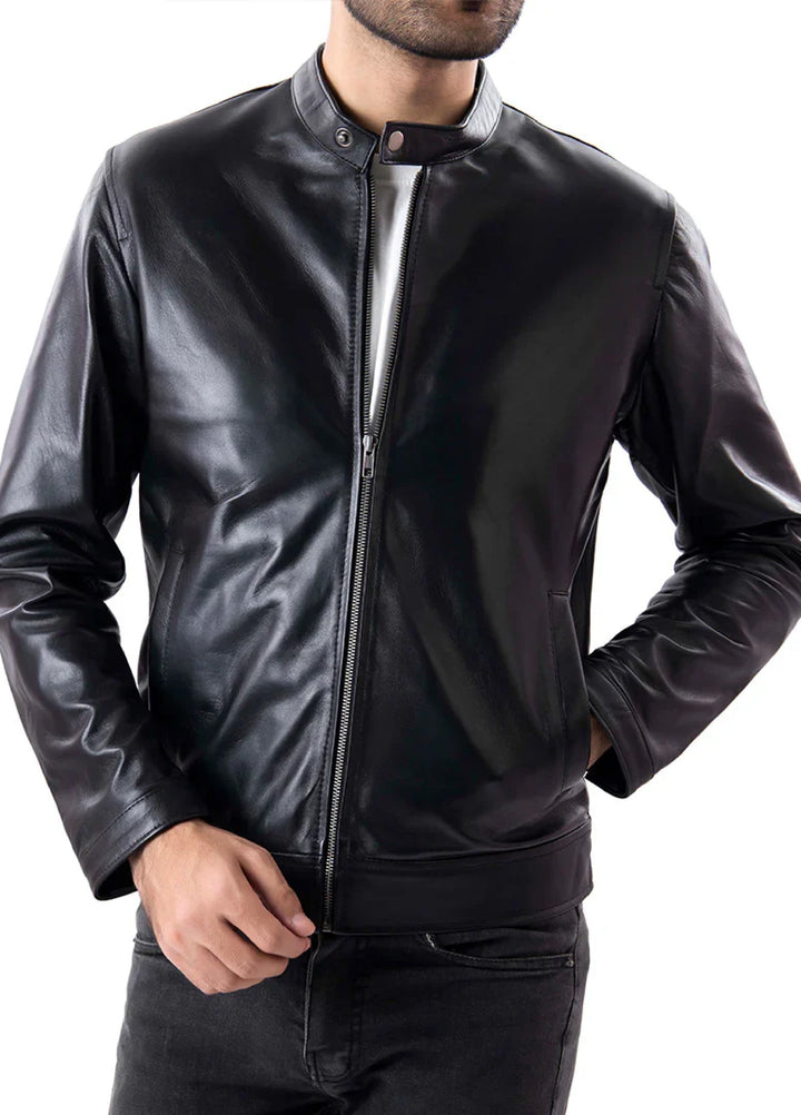 Black Mens Pure Sheep Leather Zipper Jacket
