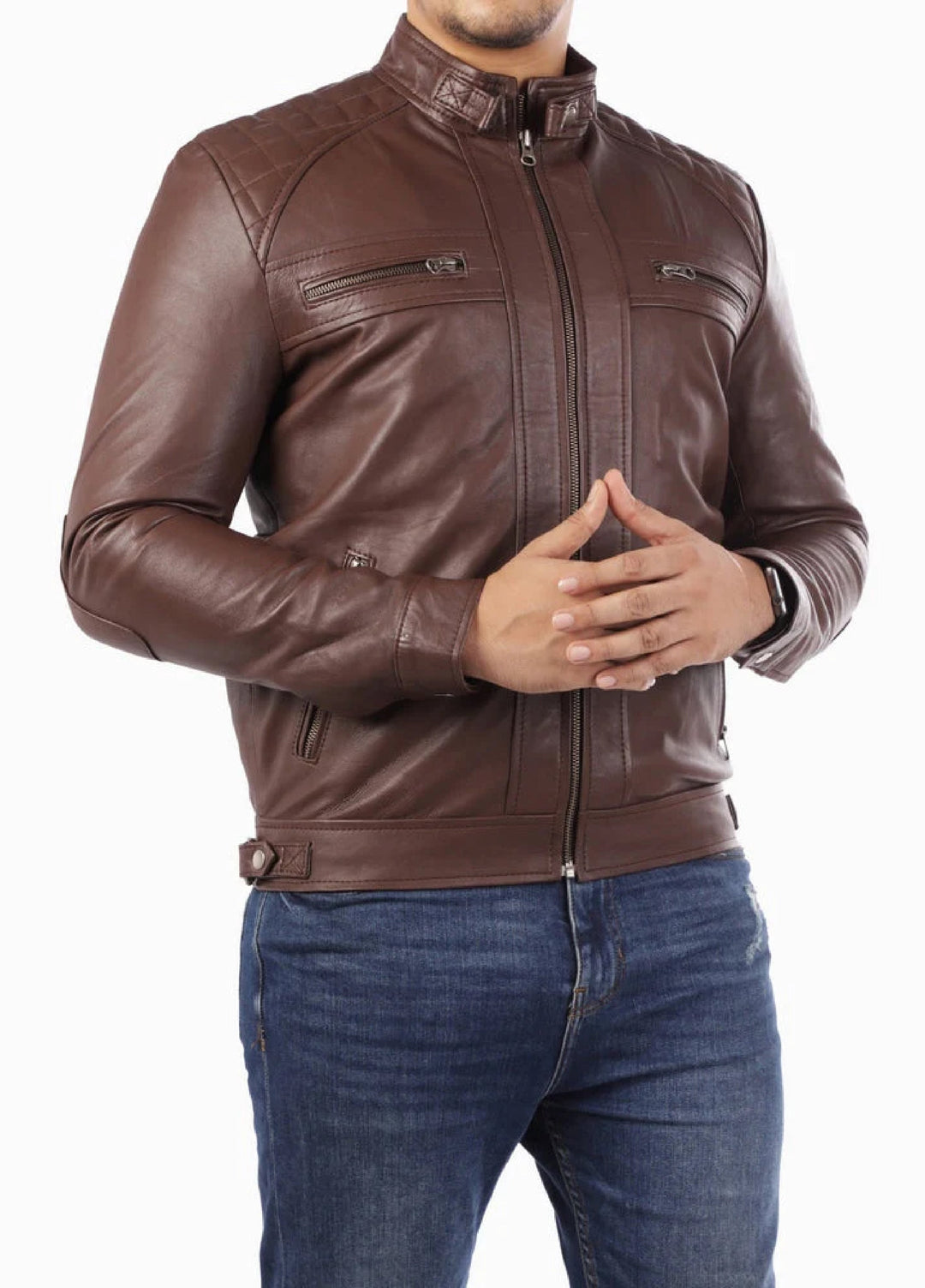 Men's Casual Signature Diamond Lambskin Leather Jacket-Brown