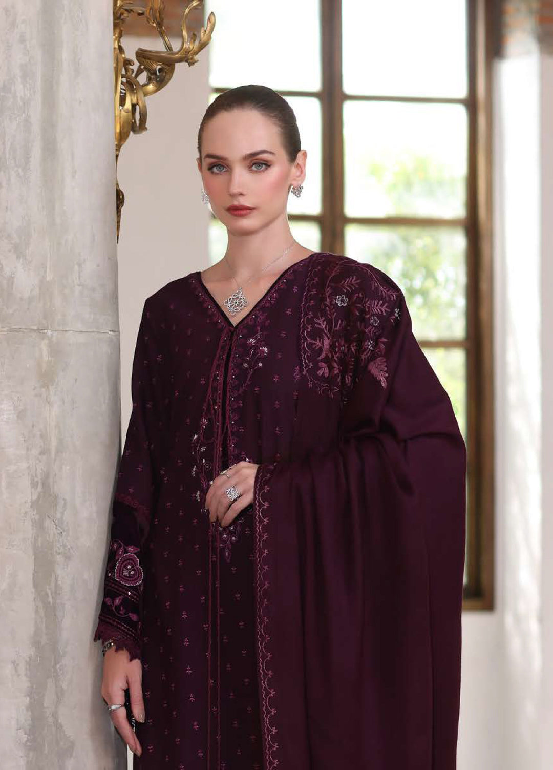 Noor by Saadia Asad Unstitched Khaddar Pashmina Shawl Embroidered Suits 3 Piece NSA25PW D9-Damson - Winter Collection