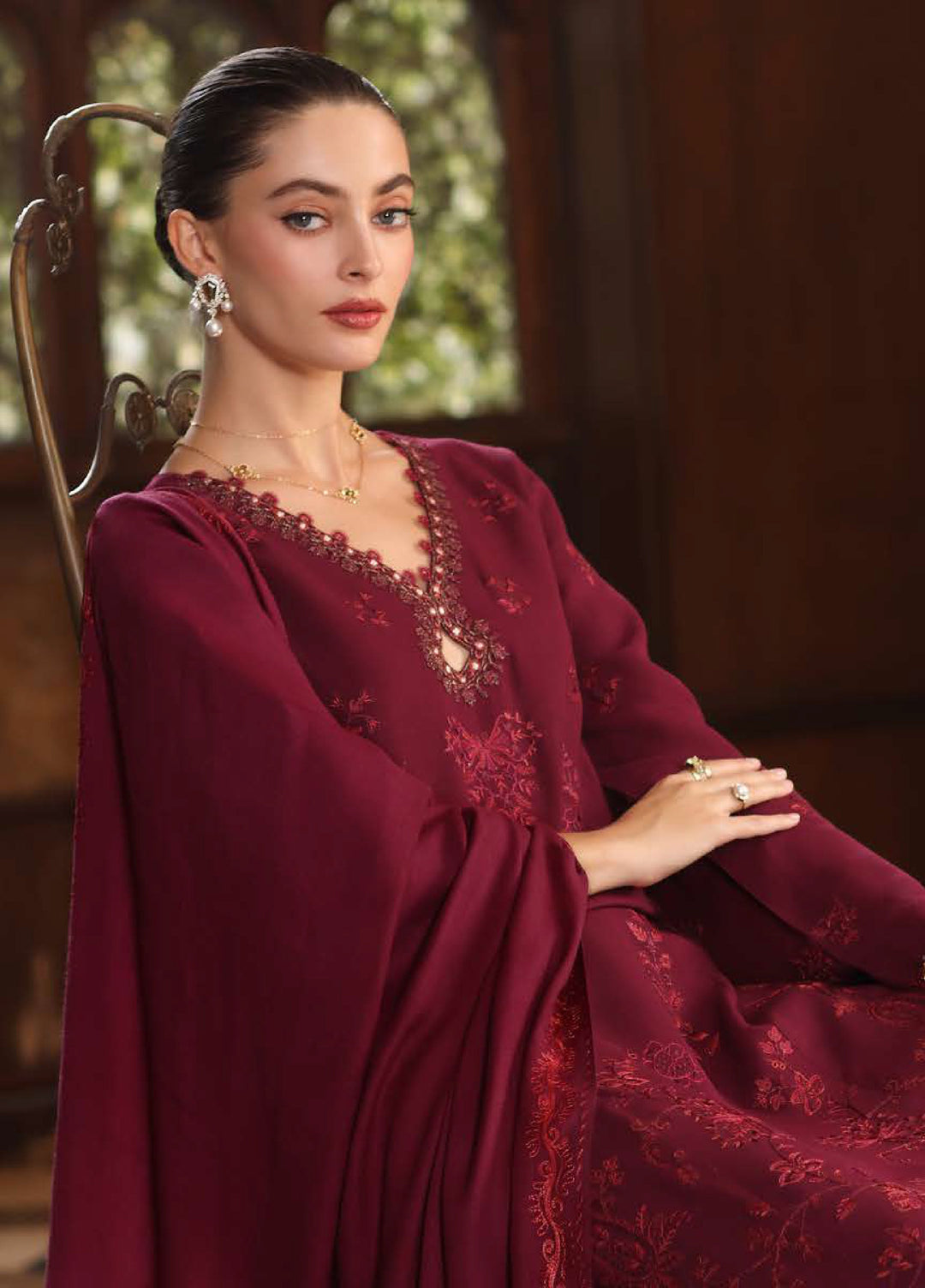 Noor by Saadia Asad Unstitched Linen Pashmina Shawl Embroidered Suits 3 Piece NSA25PW D13-Royal Claret - Winter Collection