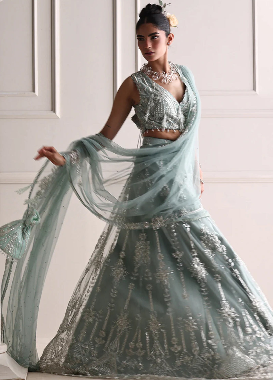 Threads And Motifs Women Pret Net Embroidered Blouse And Lehenga With Dup 3 Piece 9941 - Formals Collection