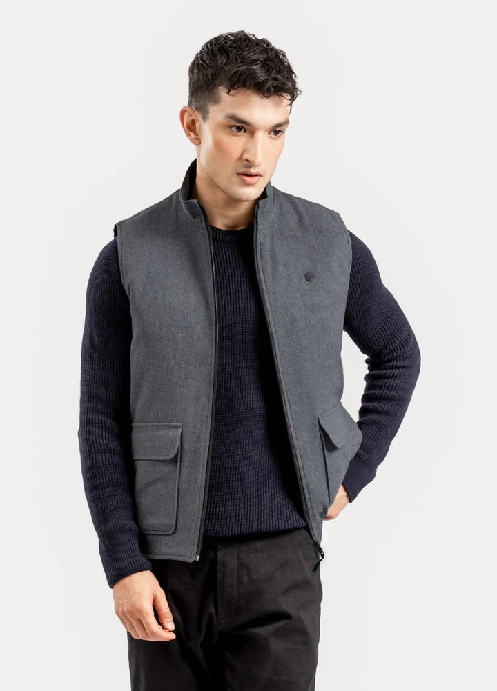 Brumano Ready To Wear Solids Cotton 1 Piece Men Dark Grey Quilted Sleeveless Jacket 0-12-025-4865 - Winter Collection