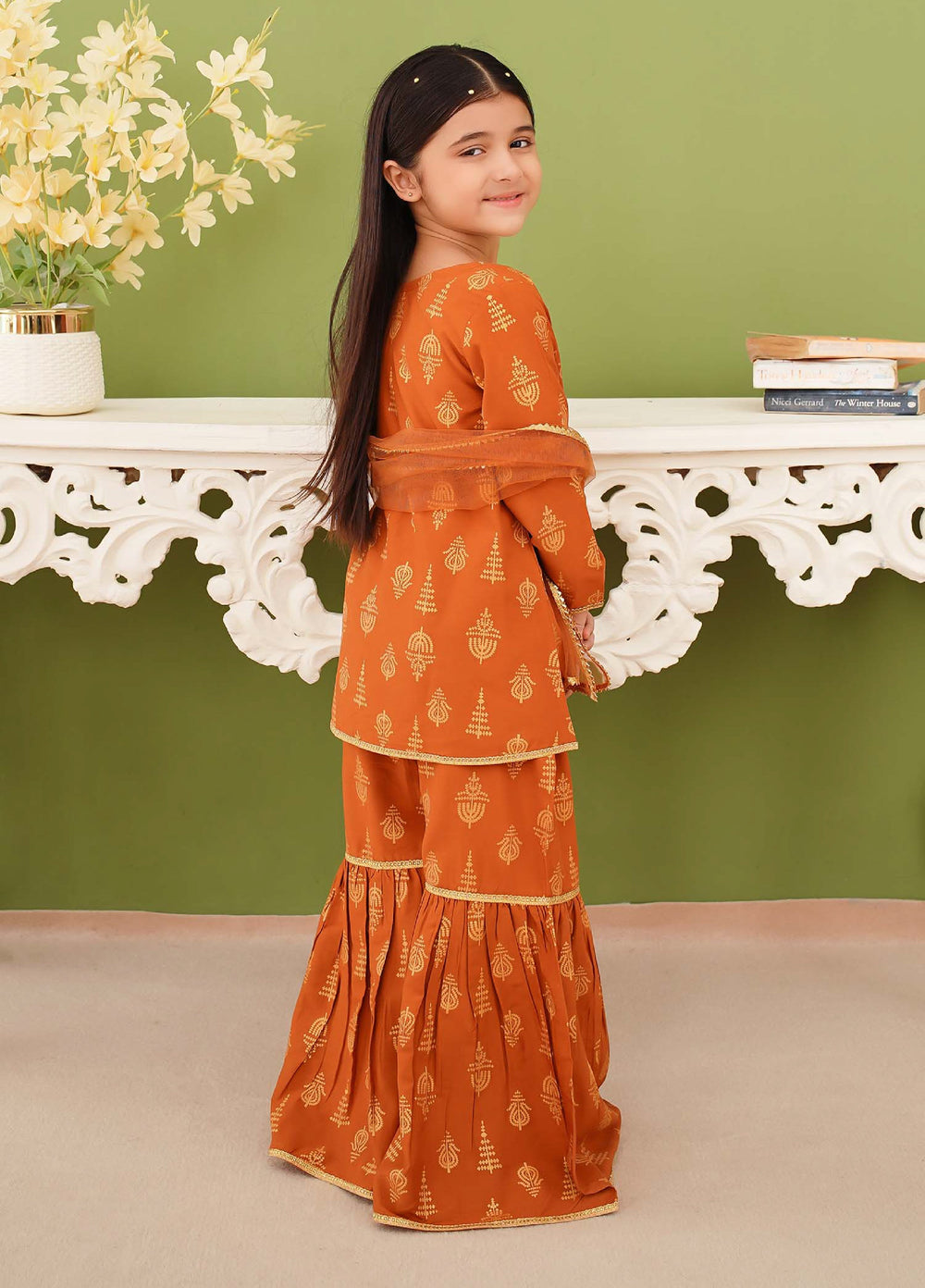 Modest Girls Pret Printed 3 Piece Linen Mustard Gharara D-17 - Festive Collection