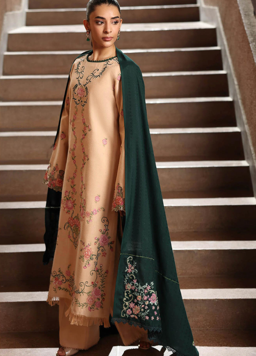 Rajbari Premium Unstitched Peach Winter Shawl Exclusive Embroidered Suits 3 Piece RB25PW D-7 - Winter Collection