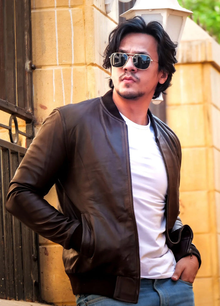 Bomber Style Mens Leather Jacket-Brown