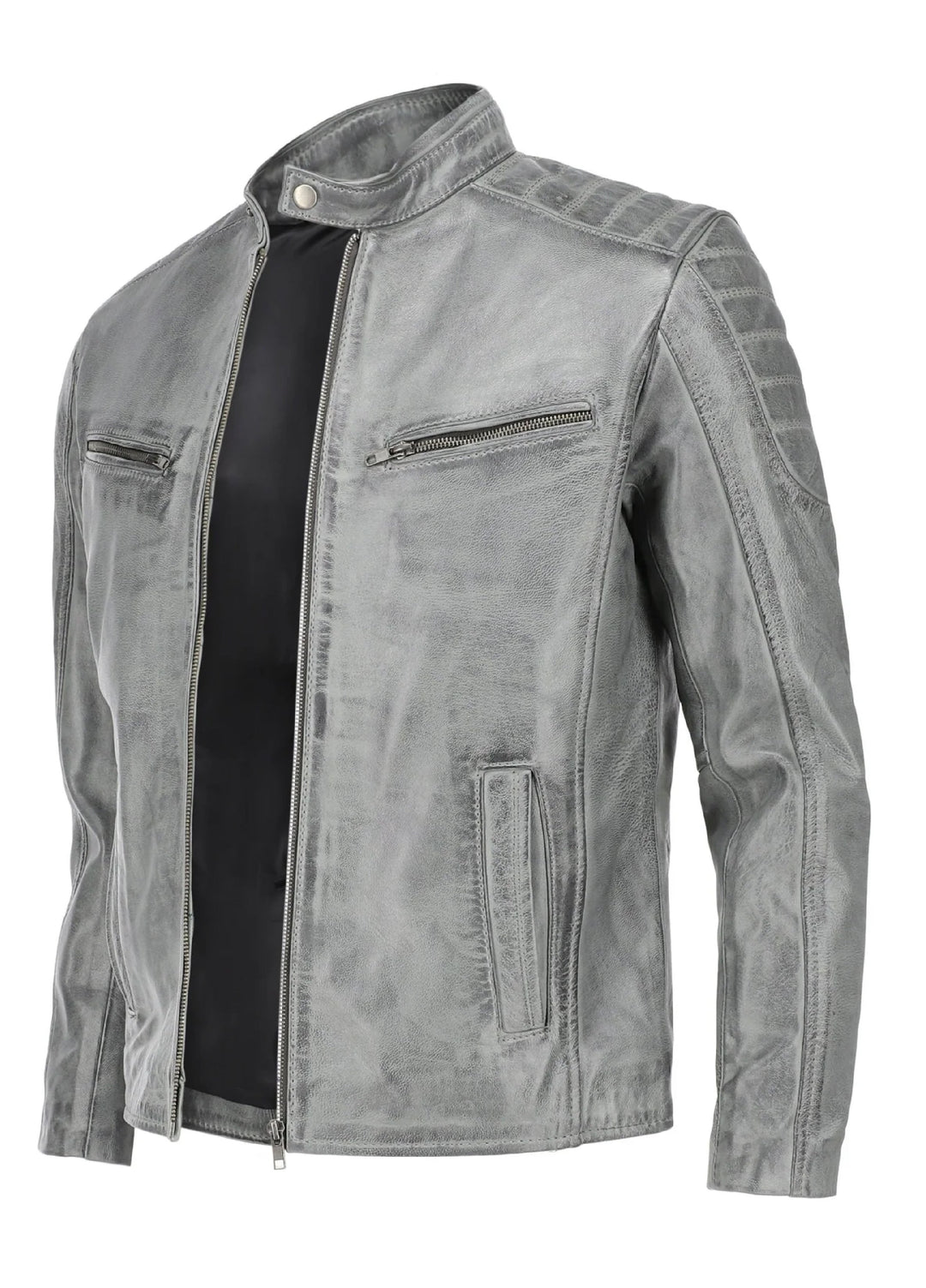 Mens Grey Wax Lambskin Biker Style Leather Jacket